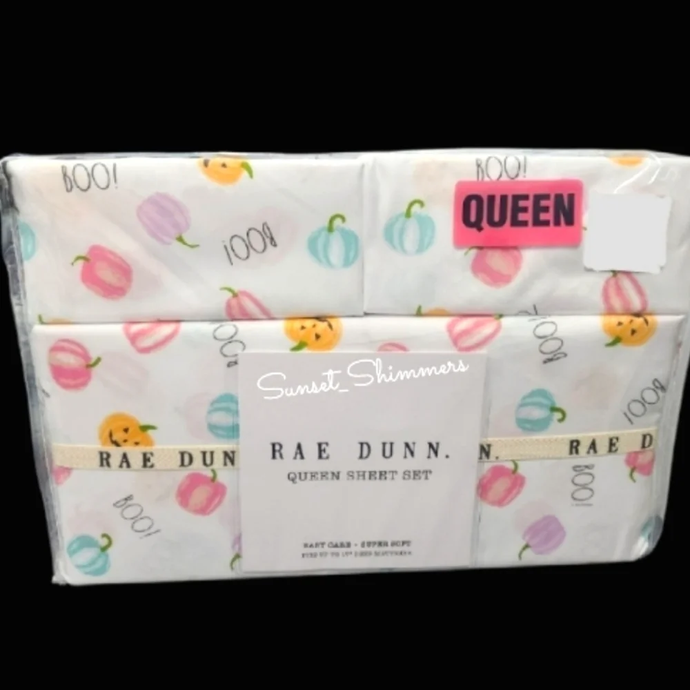 Rae Dunn Colorful Jack Pumpkin Boo QUEEN Bed Sheet Set Decor NEW